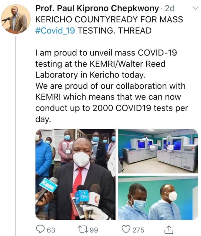 Prof. paul kiprono chepkwony 2d kericho countyready for mass covid_19 testing. t