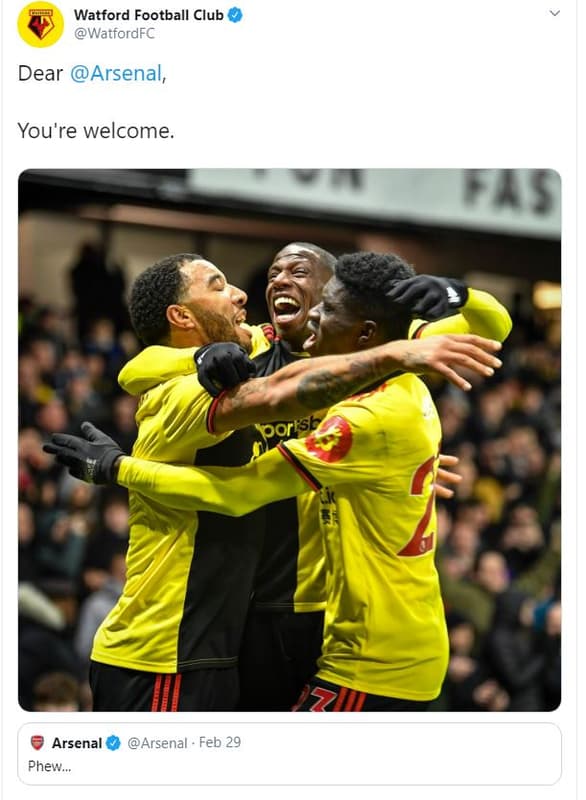 Watford football club watfordfc dear arsenal, you're welcome. arsenal phew arsen