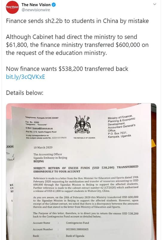 The new vision kewvisior newvisionwire finance sends sh2.2b to students in china