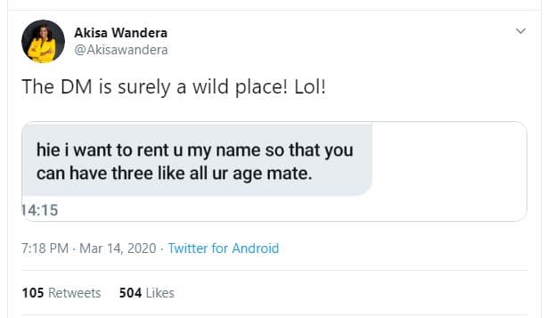 Akisa wandera akisawandera the dm is surely a wild place! lol! hie i want to ren