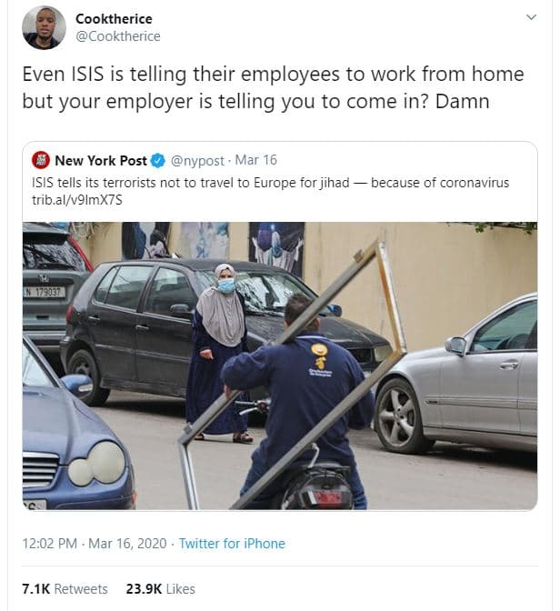 Cooktherice cooktherice even isis is telling their employees to work from home b