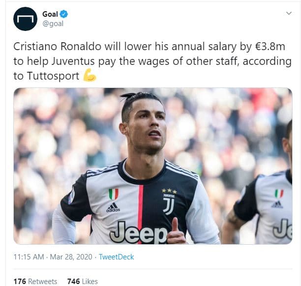Goal goal cristiano ronaldo will lower his annual salary by 3.8m to help juventu