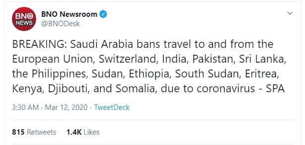 Bno bno newsroom news bnodesk breaking saudi arabia bans travel to and from the