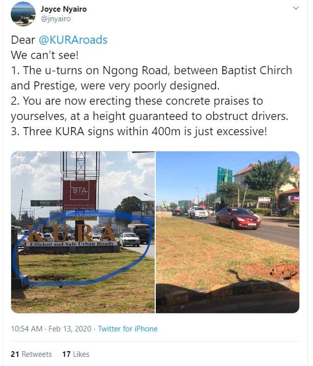 Joyce nyairo jnyairo dear kuraroads we can't see! 1. the uturns on ngong road be