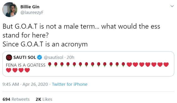 Billie gin laureezyf but g.o.at is not a male term what would the ess stand for