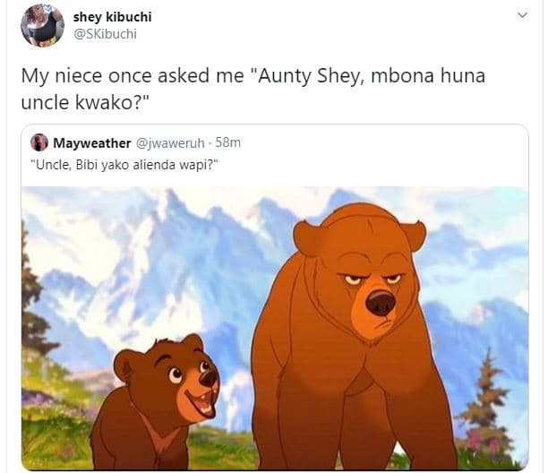 Shey kibuchi skibuchi my niece once asked me aunty shey mbona huna uncle kwako?