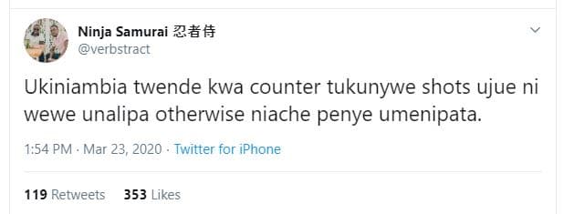 Ninja samurai 2 verbstract ukiniambia twende kwa counter tukunywe shots ujue ni