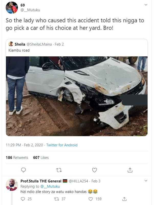 Mutuku so the lady who caused this accident told this nigga to g0 pick a car of
