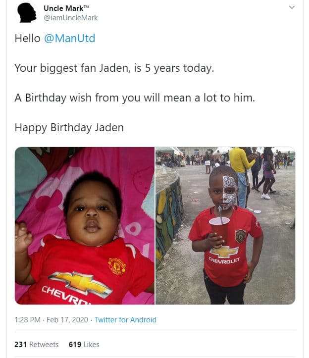 Uncle mark iamunclemark hello manutd your biggest fan jaden is 5 years today. bi