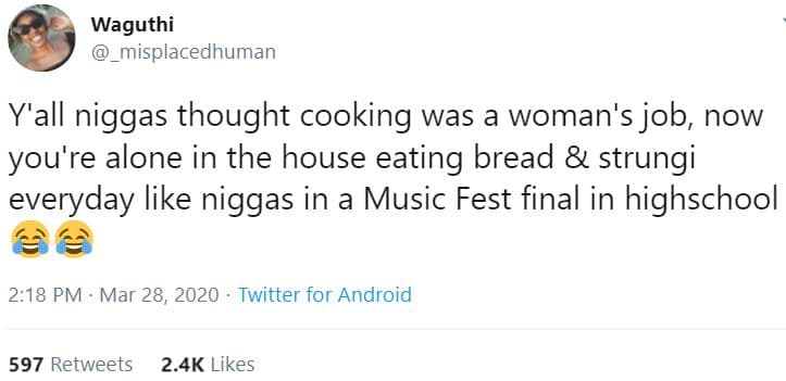 Waguthi misplacedhuman y'all niggas thought cooking was a woman's job now you're