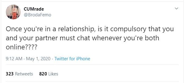 Cumrade brodafemo once you're in relationship is it compulsory that you and your