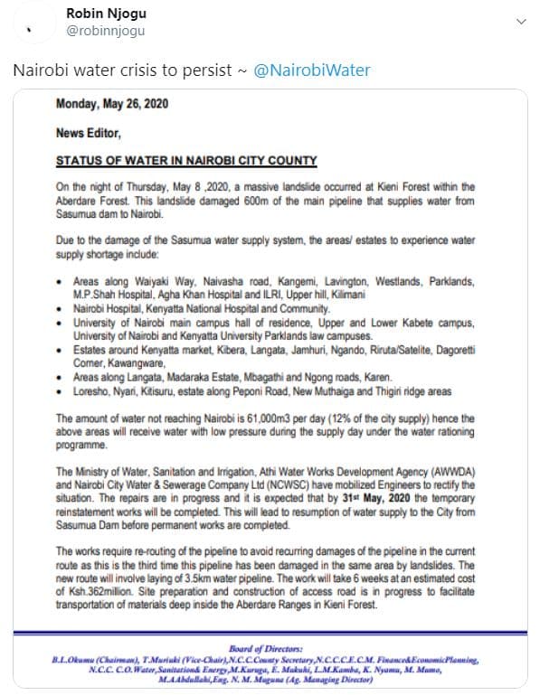 Robin njogu robinnjogu nairobi water crisis to persist nairobiwater monday , may