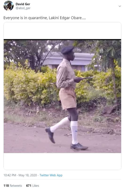 David ger abol_ger everyone is in quarantine lakini edgar obare. 10.42 pm . may
