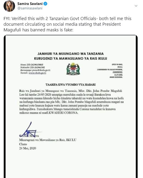 Samira sawlani samirasawlani fyi verified this with 2 tanzanian govt officials b