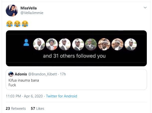 Missvella vellajimmie and 31 others followed you adonis brandon_kibett . 17h kif