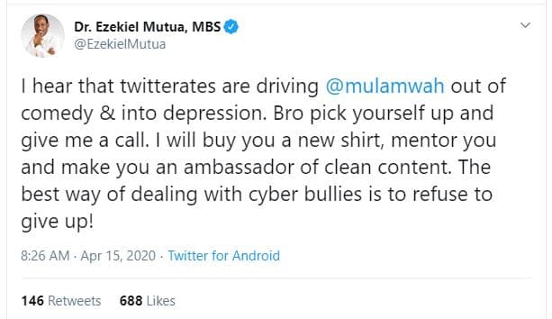 Dr. ezekiel mutua, mbs ezekielmutua hear that twitterates are driving mulamwah o
