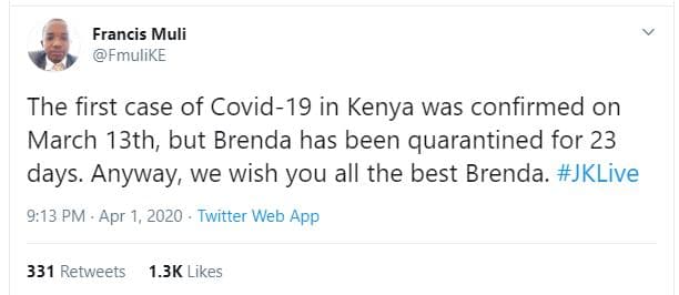 Francis muli fmulike the first case of covid19 in kenya was confirmed on march 1