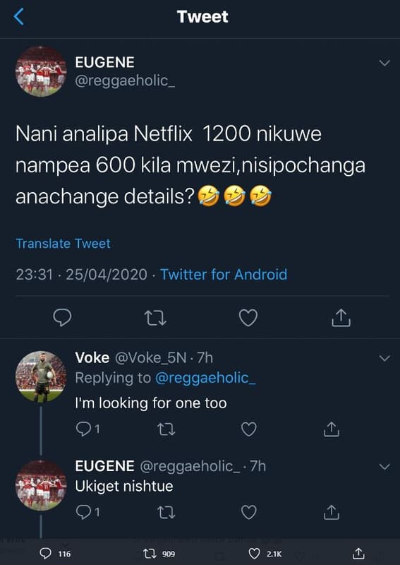 Tweet eugene reggaeholic _ nani analipa netflix nikuwe nampea 600 kila mwezi nis