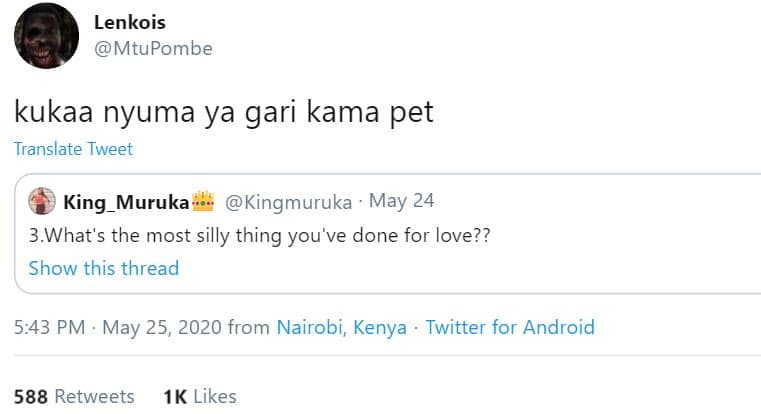 Lenkois mtupombe kukaa nyuma ya gari kama pet translate tweet king muruka kingmu
