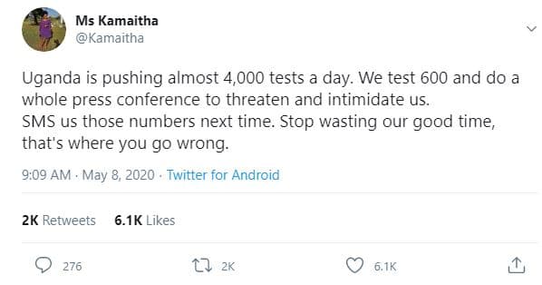 Ms kamaitha kamaitha uganda is pushing almost 4,000 tests a day. we test 600 and