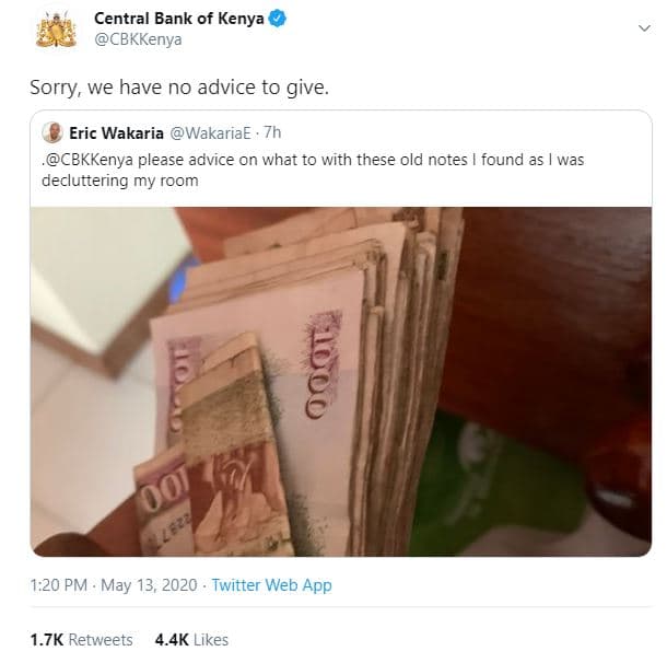 Central bank of kenya cbkkenya sorry we have no advice to give eric wakaria waka