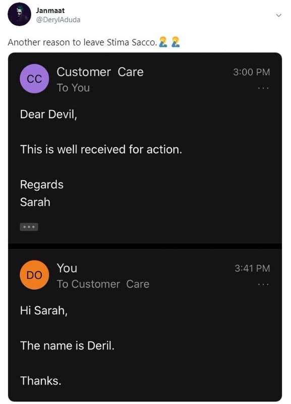 Janmaat deryladuda another reason to leave stima sacco. customer care cc to you