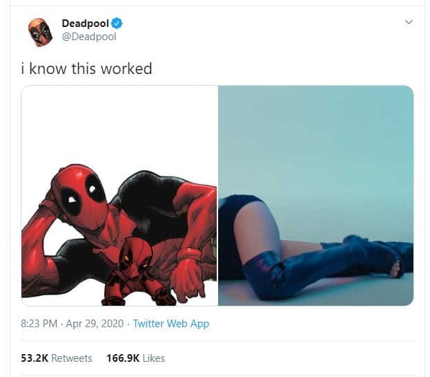 Deadpool deadpool know this worked 8.23 pm apr 29, twitter web app 53.2k retweet