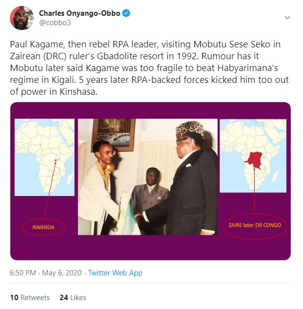 Charles onyangoobbo cobbo3 paul kagame then rebel rpa leader, visiting mobutu se