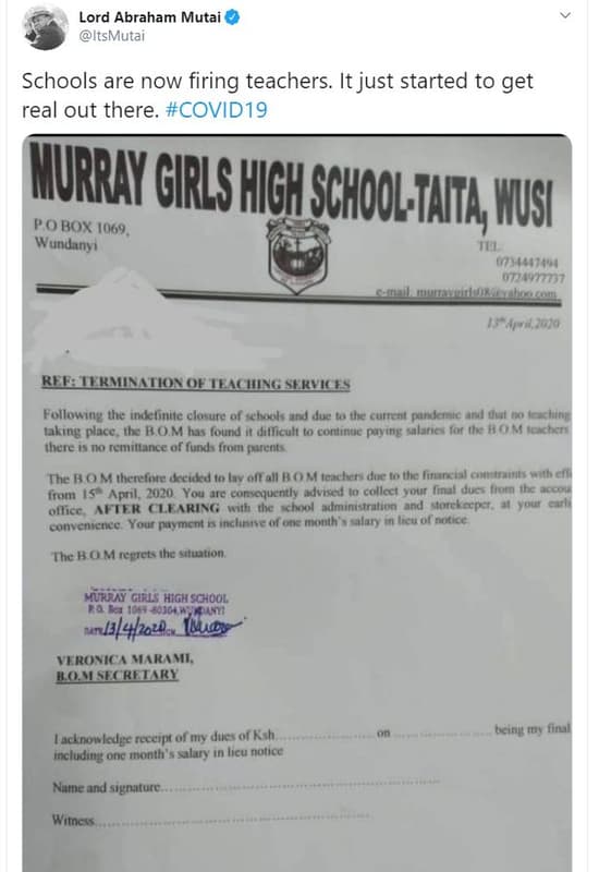 Lord abraham mutai itsmutai schools are now firing teachers. it just started to