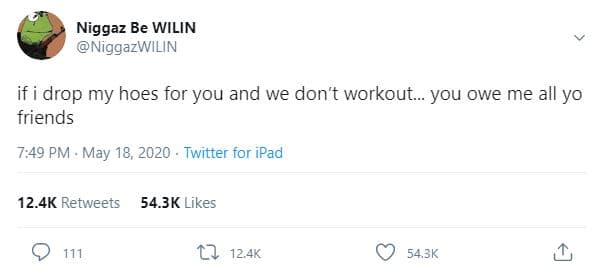Niggaz be wilin niggazwilin if i drop my hoes for you and we don't workout_ you