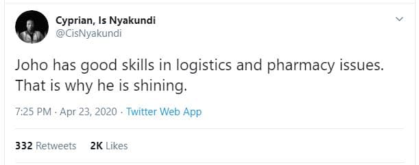 Cyprian, is nyakundi cisnyakundi joho has good skills in logistics and pharmacy