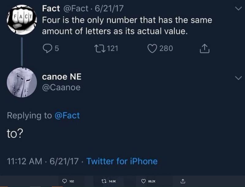 Fact fact 62117 four is the only number that has the same amount of letters as i