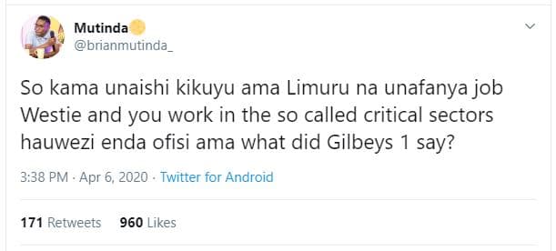 Mutinda brianmutinda_ so kama unaishi kikuyu ama limuru na unafanya job westie a