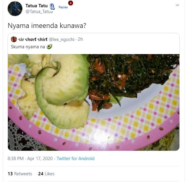 Tatua tatu reche tatua_tatua nyama imeenda kunawa? sir shorf shirt lex_ngochi .