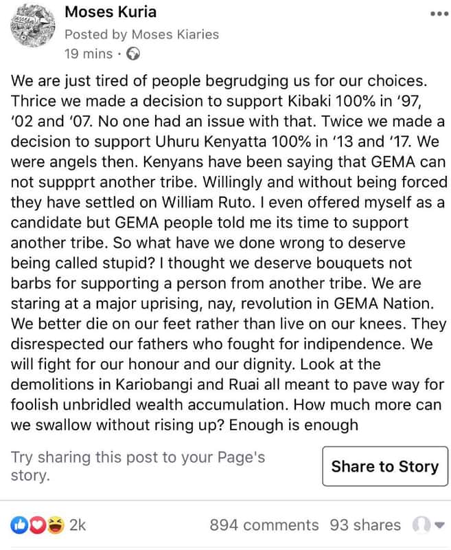 Moses kuria posted by moses kiaries 19 mins we are just tired of people begrudgi