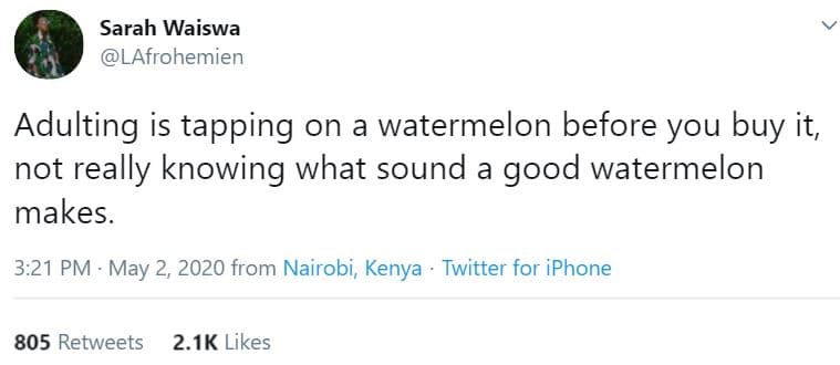 Sarah waiswa lafrohemien adulting is tapping on watermelon before you buy it, no