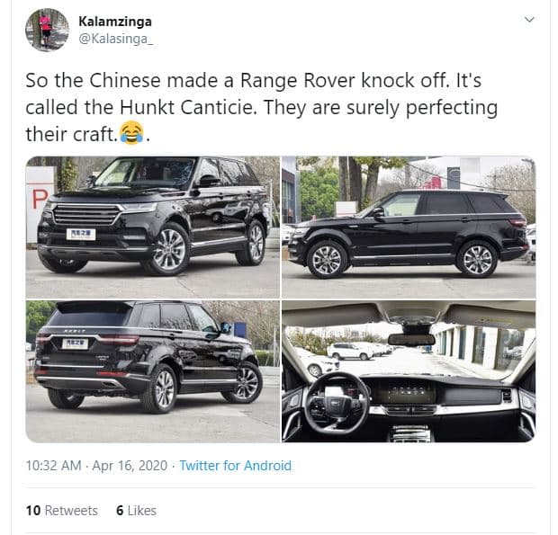 Kalamzinga kalasinga _ so the chinese made a range rover knock off. it's called