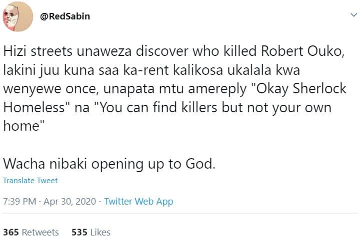 Redsabin hizi streets unaweza discover who killed robert ouko lakini juu kuna sa