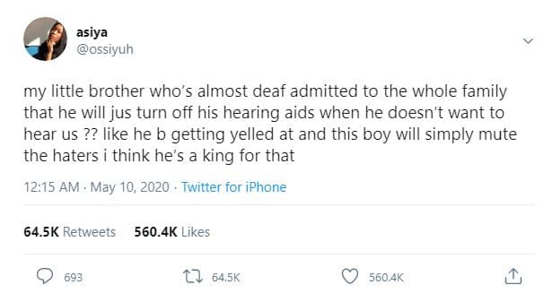 Asiya ossiyuh my little brother who's almost deaf admitted to the whole family t