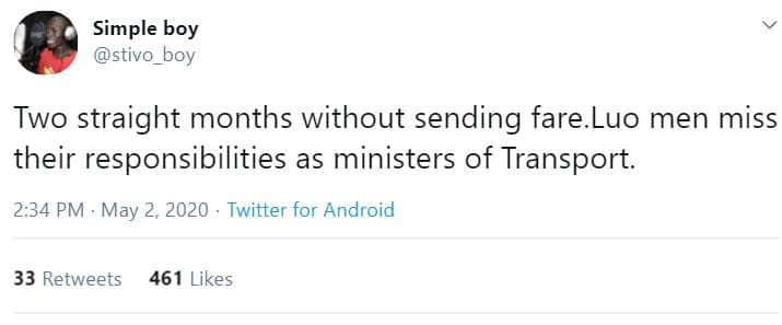 Simple boy stivo boy two straight months without sending fare.luo men miss their