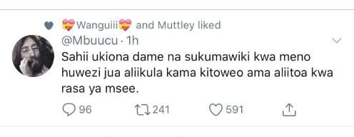 Wanguiii and muttley liked mbuucu ih sahii ukiona dame na sukumawiki kwa meno hu