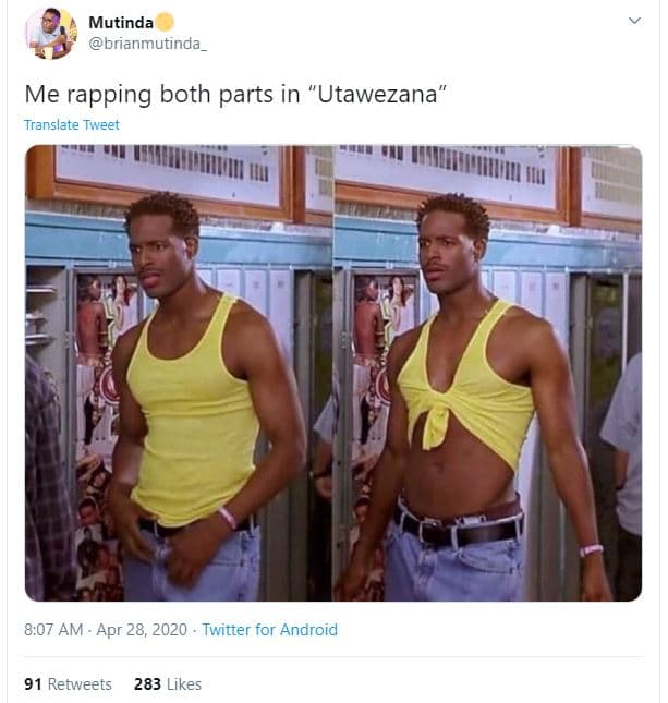 Mutinda brianmutinda me rapping both parts in utawezana translate tweet 8.07 am