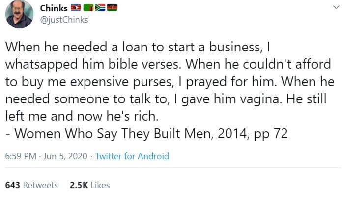 Chinks justchinks when he needed a loan to start a business, whatsapped him bibl