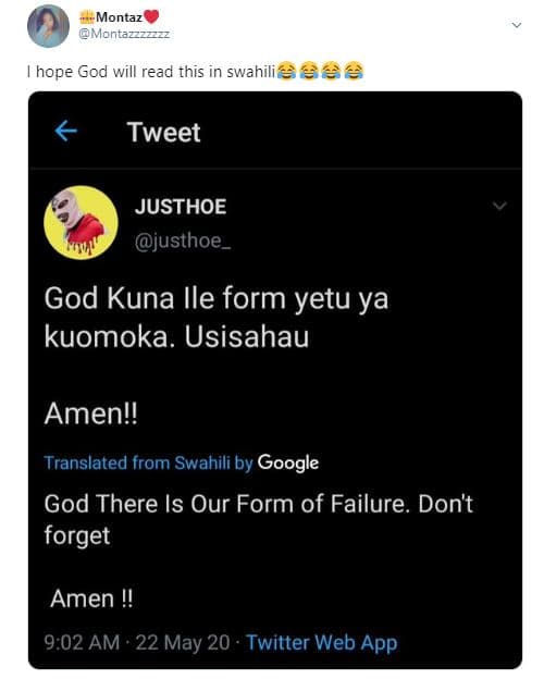 Montaz montazzzzzzz hope god will read this in swahilieee2 tweet justhoe justhoe