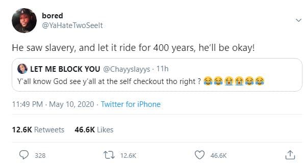 Bored yahatetwoseelt he saw slavery and let it ride for 400 years, he'll be okay