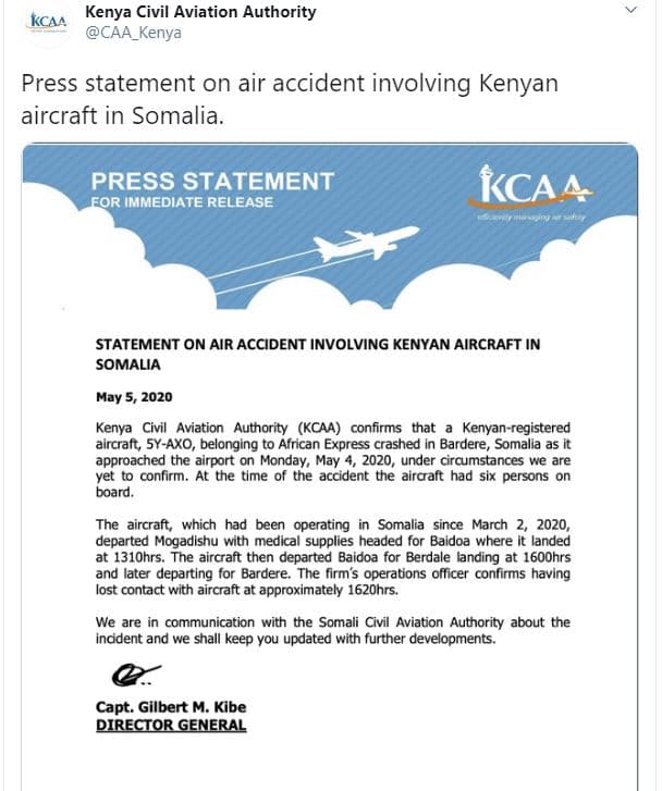 Kca4 kenya civil aviation authority caa_kenya press statement on air accident in
