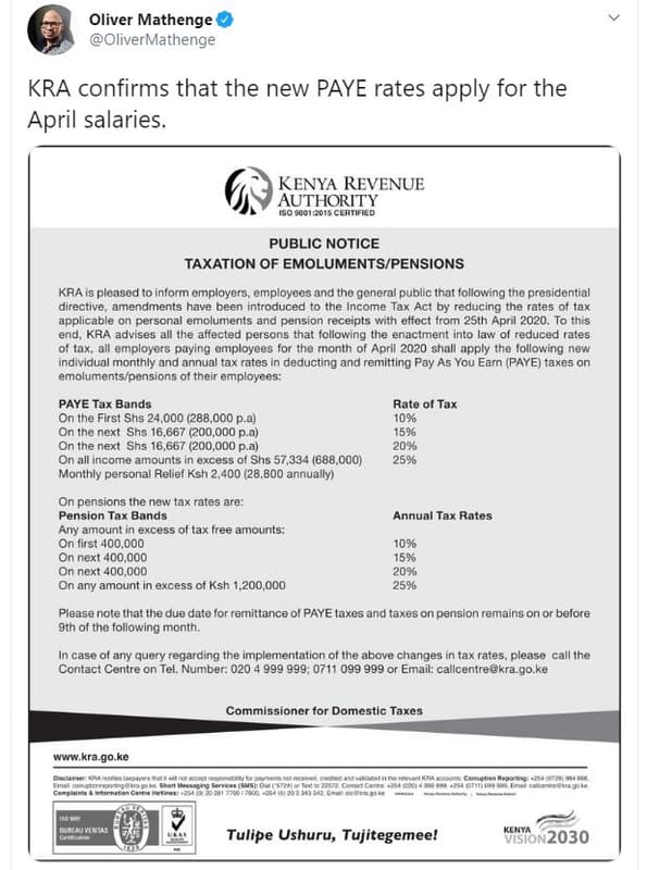 Oliver mathenge olivermathenge kra confirms that the new paye rates apply for th
