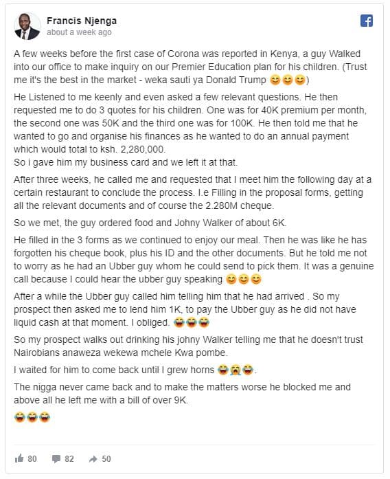 Francis njenga about week ag0 a few weeks before the first case of corona was re