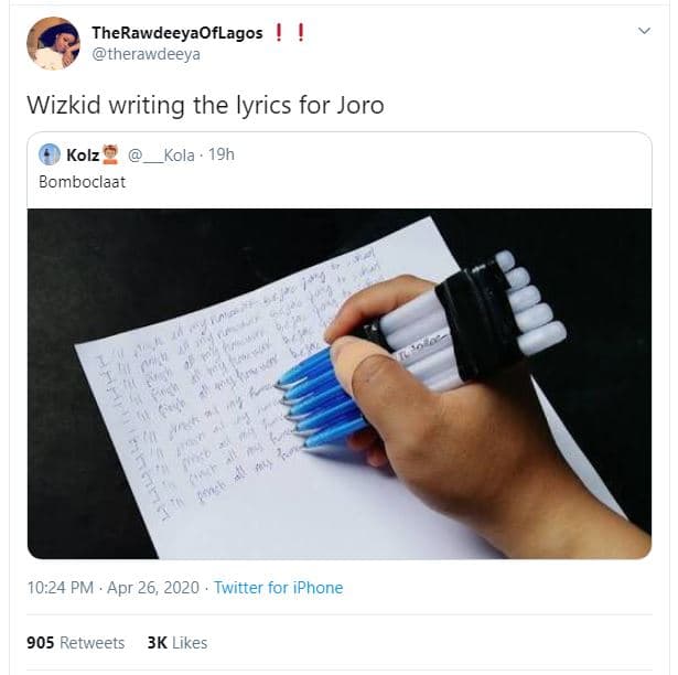 Therawdeeyaoflagos therawdeeya wizkid writing the lyrics for joro kolz kola ' 19