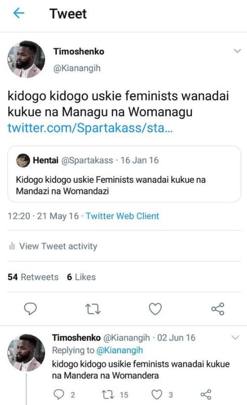 Tweet timoshenko kianangih kidogo kidogo uskie feminists wanadai kukue na managu